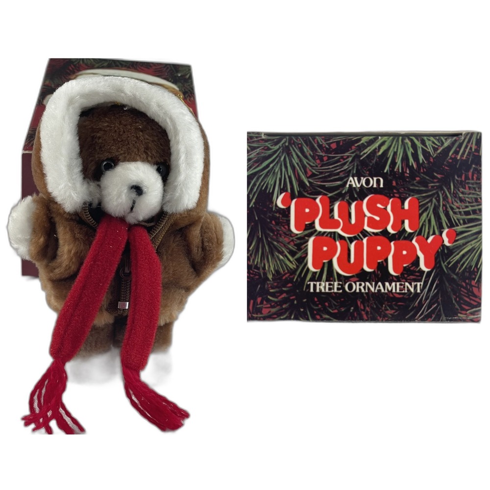 Avon Plush Puppyโ Tree Ornament Vintage 1984 Brown Bear Red Scarf Hooded Coat